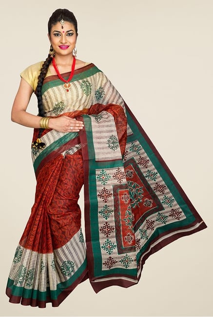 Pavecha's Red & Beige Mangalagiri Cotton Polyblend Saree Pavecha's Red & Beige Mangalagiri Cotton Polyblend Saree