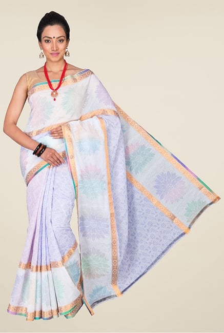 Pavecha's Light Blue & White Banarasi Cotton Silk Saree Pavecha's Light Blue & White Banarasi Cotton Silk Saree
