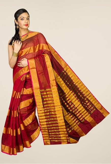 Pavecha's Maroon & Gold Banarasi Cotton Silk Saree Pavecha's Maroon & Gold Banarasi Cotton Silk Saree