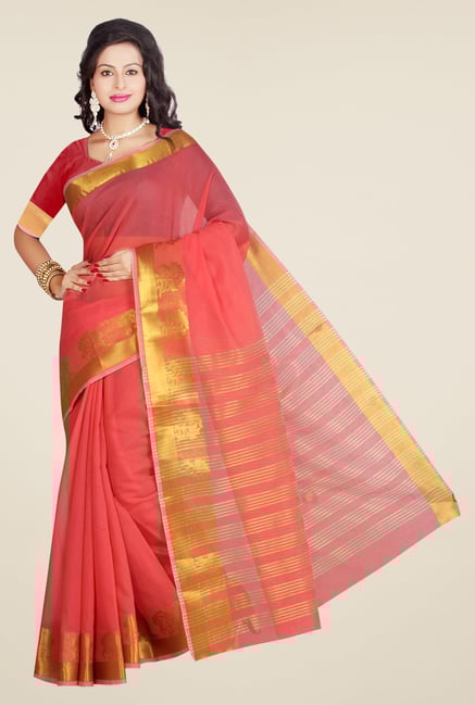 Ishin Peach Poly Cotton Solid Saree Ishin Peach Poly Cotton Solid Saree