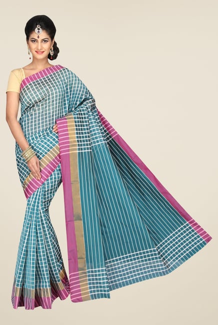 Pavecha's Blue Banarasi Cotton Silk Checks Saree Pavecha's Blue Banarasi Cotton Silk Checks Saree