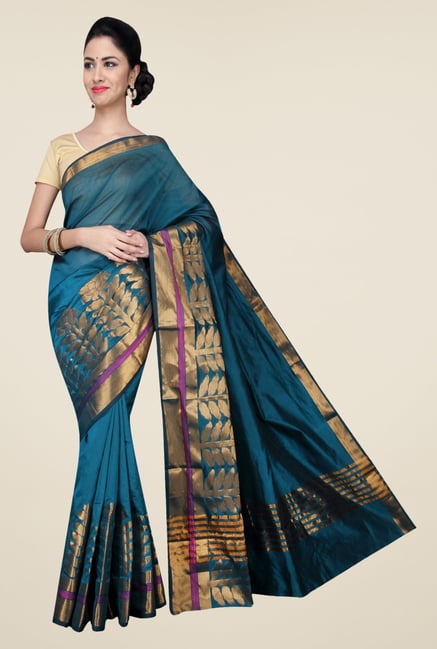 Pavecha's Teal Banarasi Cotton Silk Printed Saree Pavecha's Teal Banarasi Cotton Silk Printed Saree