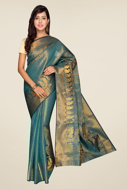 Pavecha's Teal Banarasi Silk Cotton Blend Saree Pavecha's Teal Banarasi Silk Cotton Blend Saree