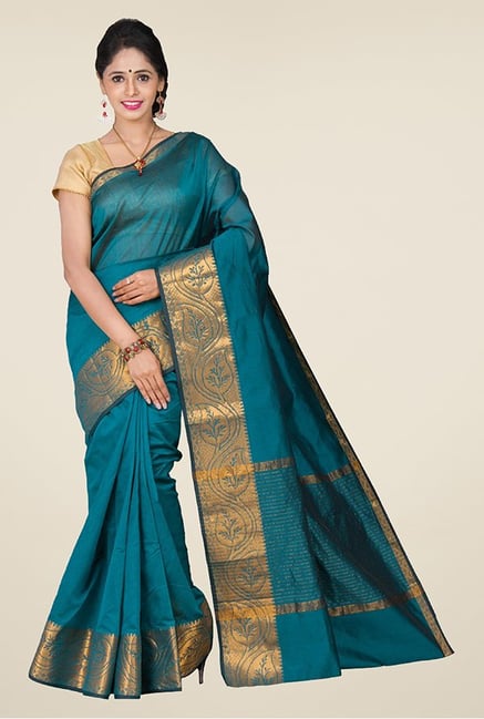 Pavecha's Teal Banarasi Cotton Silk Saree Pavecha's Teal Banarasi Cotton Silk Saree