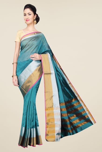 Pavecha's Teal Banarasi Cotton Silk Solid Saree Pavecha's Teal Banarasi Cotton Silk Solid Saree