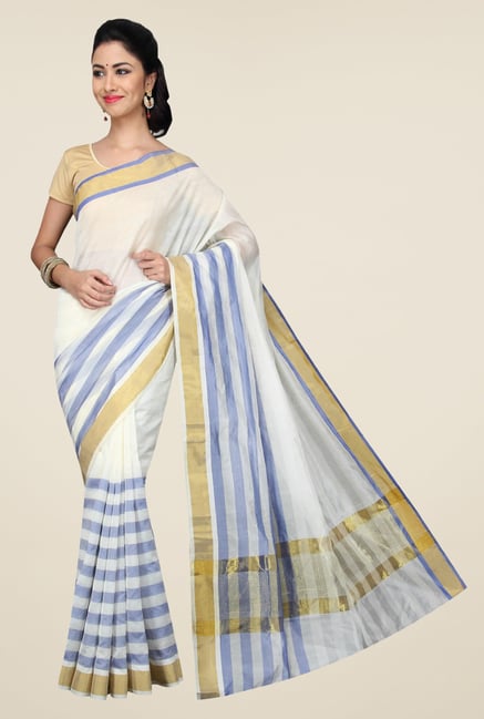 Pavecha's White Banarasi Cotton Silk Stripes Saree Pavecha's White Banarasi Cotton Silk Stripes Saree