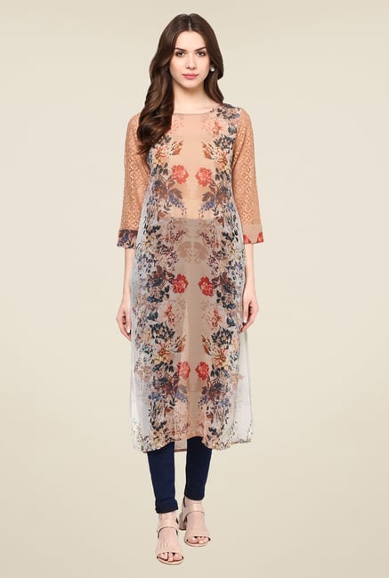Fusion Beats Beige Floral Print Kurta Fusion Beats Beige Floral Print Kurta