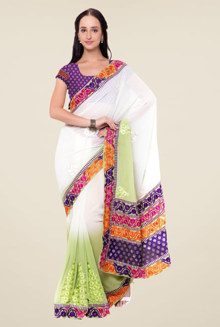 Triveni White & Green Embroidered Brocade Chiffon Saree Triveni White & Green Embroidered Brocade Chiffon Saree