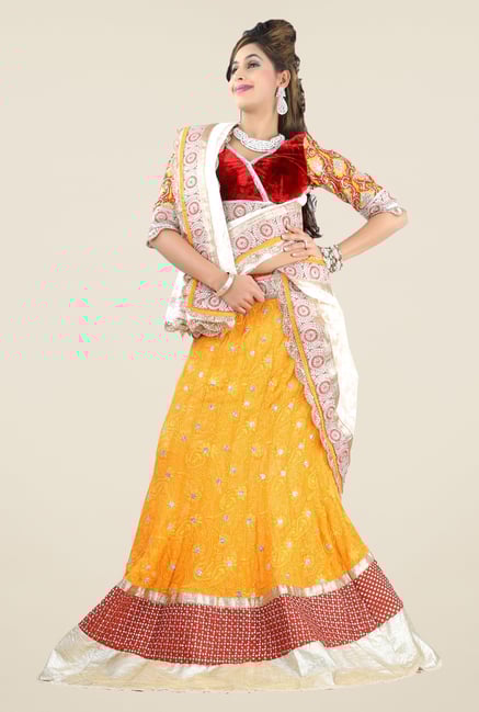 Triveni Yellow & Maroon Embroidered Lehenga Set Triveni Yellow & Maroon Embroidered Lehenga Set