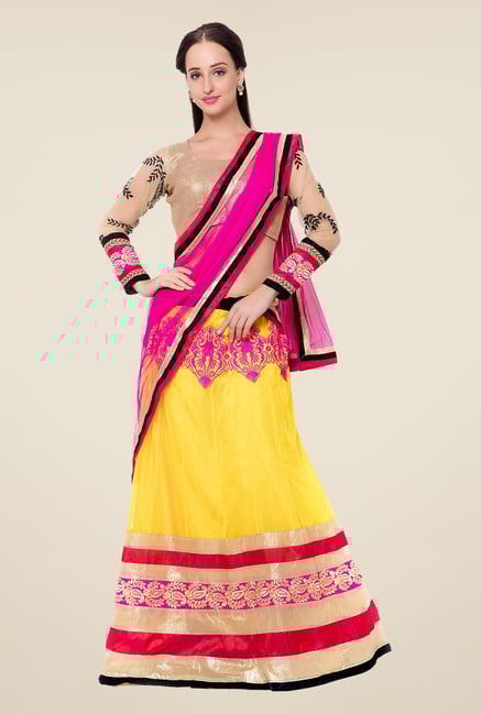 Triveni Yellow & Beige Embroidered Full Sleeve Lehenga Set Triveni Yellow & Beige Embroidered Full Sleeve Lehenga Set