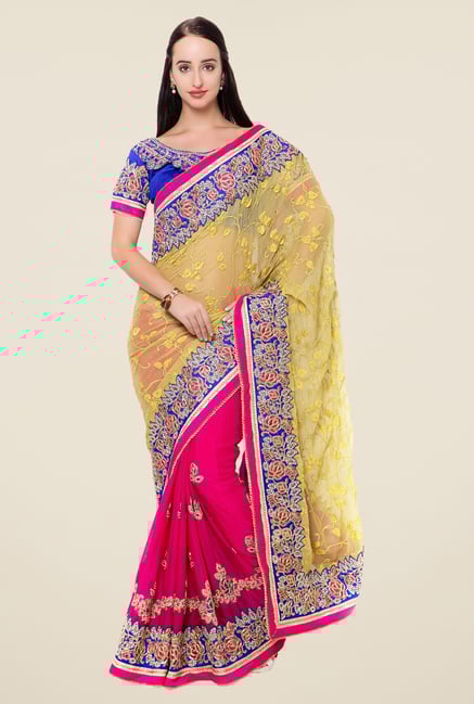 Triveni Magenta & Yellow Embroidered Saree Triveni Magenta & Yellow Embroidered Saree