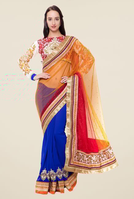 Triveni Blue & Orange Embroidered Georgette Saree Triveni Blue & Orange Embroidered Georgette Saree