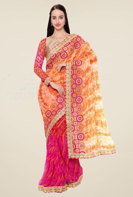 Triveni Pink & Orange Bandhani Faux Georgette Chiffon Saree Triveni Pink & Orange Bandhani Faux Georgette Chiffon Saree
