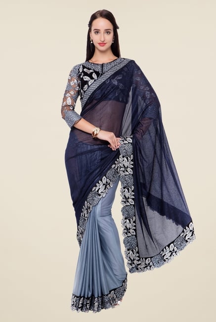 Triveni Grey & Black Embroidered Lycra Saree Triveni Grey & Black Embroidered Lycra Saree