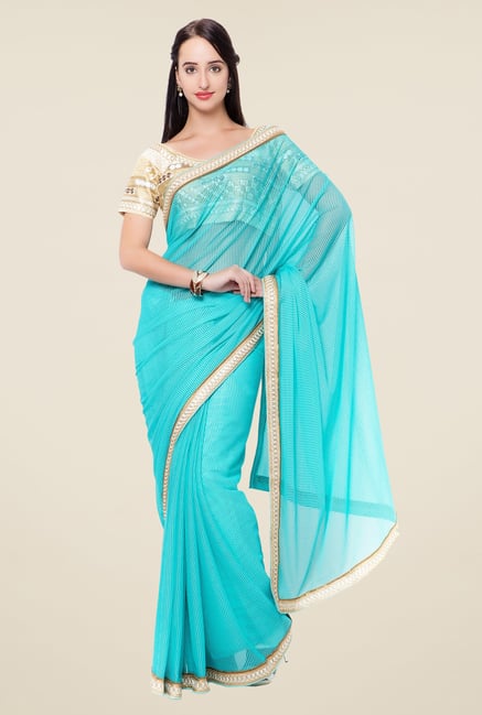 Triveni Aqua Printed Lycra Saree Triveni Aqua Printed Lycra Saree