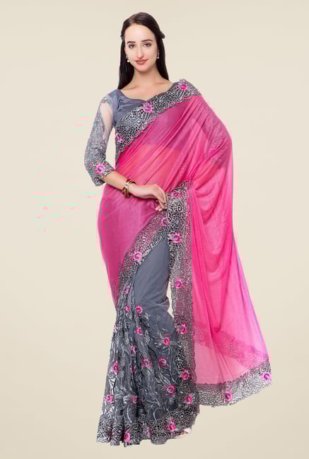 Triveni Grey & Pink Embroidered Lycra Saree Triveni Grey & Pink Embroidered Lycra Saree