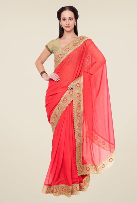Triveni Coral Embroidered Chiffon Saree Triveni Coral Embroidered Chiffon Saree