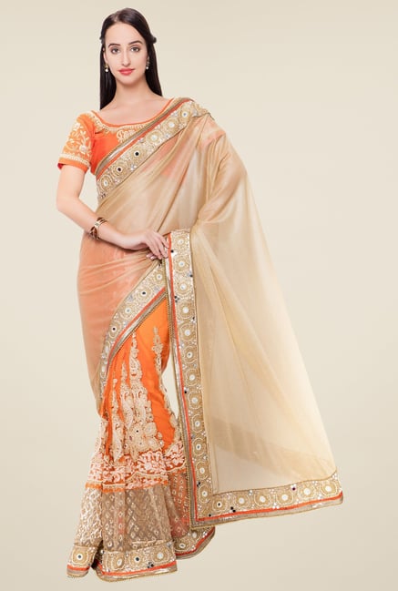 Triveni Orange & Beige Embroidered Lycra Saree Triveni Orange & Beige Embroidered Lycra Saree