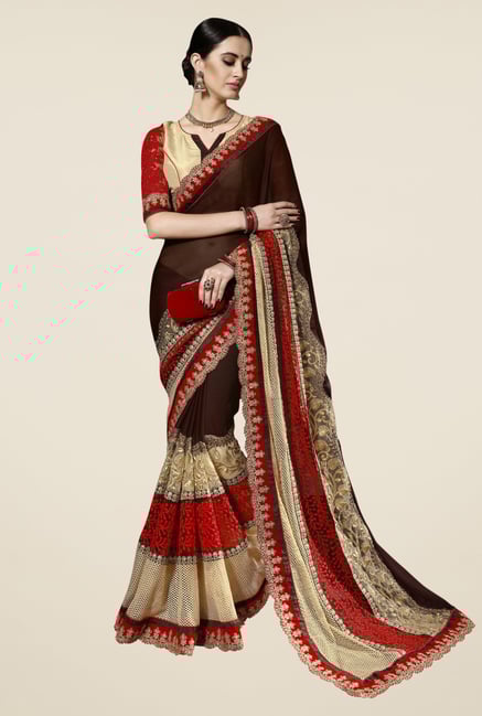 Triveni Brown & Beige Embroidered Chiffon Saree Triveni Brown & Beige Embroidered Chiffon Saree