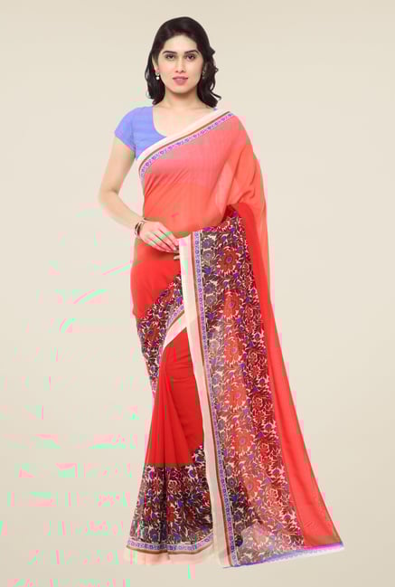Triveni Red Floral Print Art Silk Saree Triveni Red Floral Print Art Silk Saree