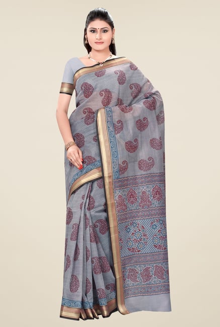 Triveni Grey Paisley Print Art Silk Saree Triveni Grey Paisley Print Art Silk Saree