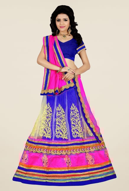 Triveni Blue & Pink Embroidered Short Sleeve Lehenga Set Triveni Blue & Pink Embroidered Short Sleeve Lehenga Set