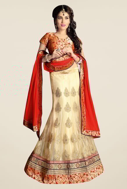 Triveni Beige & Red Embroidered Regular Fit Lehenga Set Triveni Beige & Red Embroidered Regular Fit Lehenga Set