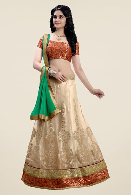 Triveni Beige & Red Embroidered Round Neck Lehenga Set Triveni Beige & Red Embroidered Round Neck Lehenga Set