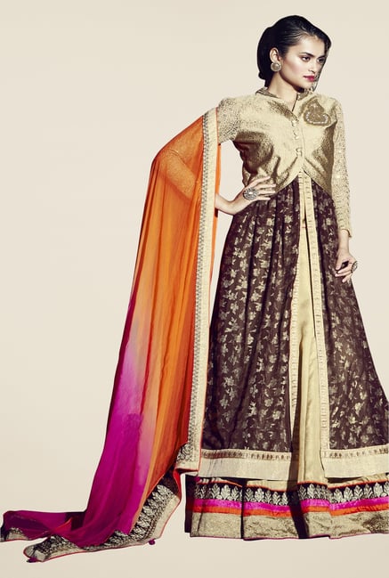 Triveni Gold & Brown Embroidered Lehenga Set Triveni Gold & Brown Embroidered Lehenga Set