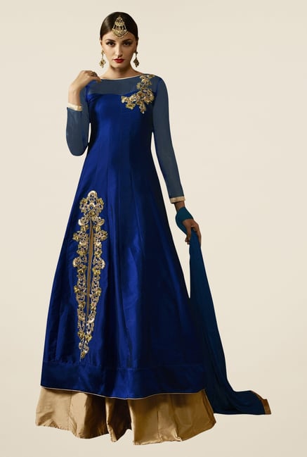 Triveni Blue & Gold Solid Lehenga Set Triveni Blue & Gold Solid Lehenga Set