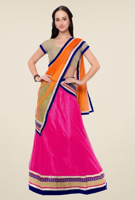 Triveni Magenta & Beige Embroidered Short Sleeve Lehenga Set Triveni Magenta & Beige Embroidered Short Sleeve Lehenga Set