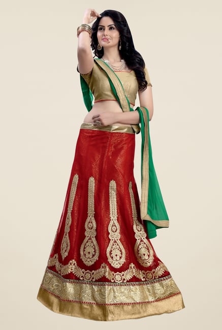 Triveni Maroon & Gold Embroidered Short Sleeve Lehenga Set Triveni Maroon & Gold Embroidered Short Sleeve Lehenga Set