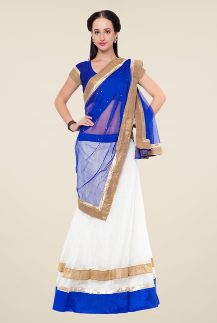 Triveni White & Blue Embroidered Short Sleeve Lehenga Set Triveni White & Blue Embroidered Short Sleeve Lehenga Set