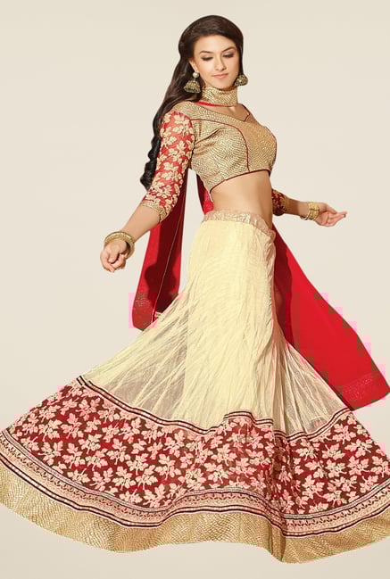 Triveni Beige & Red Embroidered Lehenga Set Triveni Beige & Red Embroidered Lehenga Set