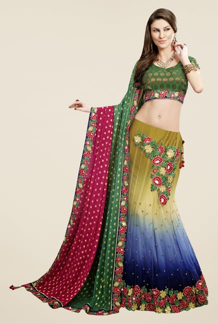 Triveni Olive & Blue Embroidered Lehenga Set Triveni Olive & Blue Embroidered Lehenga Set