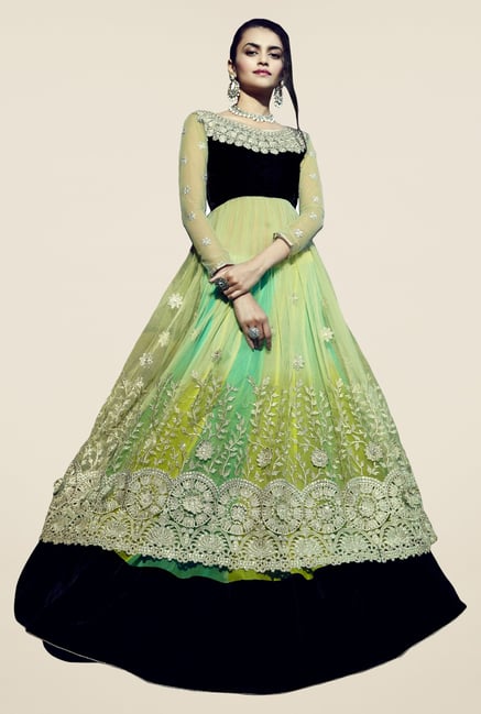 Triveni Green Embroidered Chiffon Lehenga Set Triveni Green Embroidered Chiffon Lehenga Set