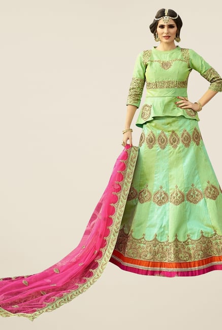 Triveni Green Embroidered Silk Lehenga Set Triveni Green Embroidered Silk Lehenga Set