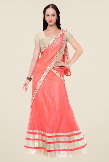 Triveni Peach & Beige Solid Lehenga Set Triveni Peach & Beige Solid Lehenga Set