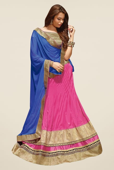 Triveni Pink & Gold Embroidered Short Sleeve Lehenga Set Triveni Pink & Gold Embroidered Short Sleeve Lehenga Set
