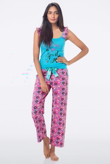 PrettySecrets Blue and Pink Printed Pyjama Set PrettySecrets Blue and Pink Printed Pyjama Set