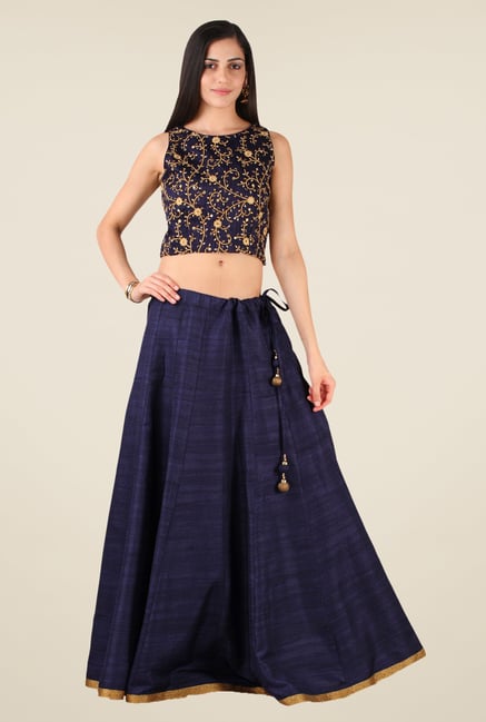 Studio Rasa Navy Bhagalpuri Dupion Kalidaar Lehenga Set Studio Rasa Navy Bhagalpuri Dupion Kalidaar Lehenga Set