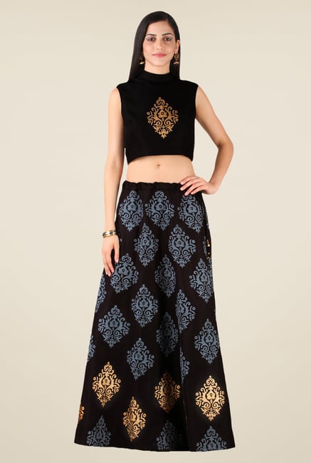 Studio Rasa Black Bhagalpuri Hand Block Print Lehenga Set Studio Rasa Black Bhagalpuri Hand Block Print Lehenga Set