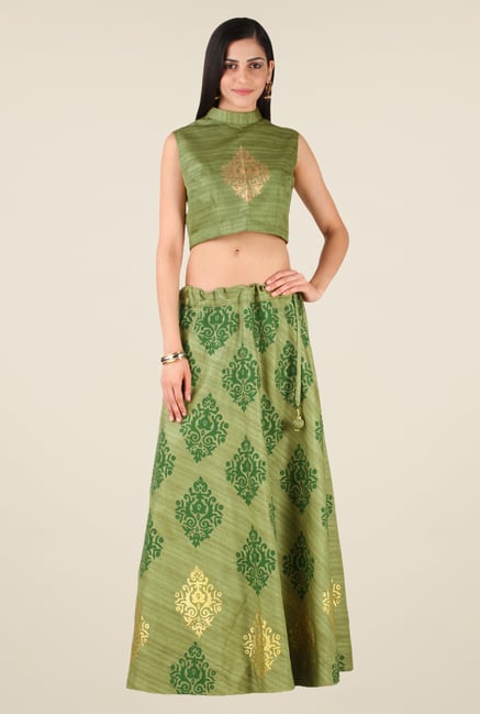 Studio Rasa Olive Bhagalpuri Hand Block Print Lehenga Set Studio Rasa Olive Bhagalpuri Hand Block Print Lehenga Set