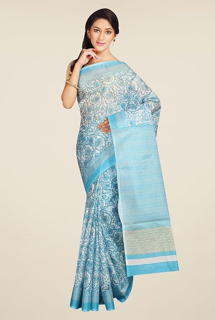 Pavecha's Blue Floral Print Synthetic Bhagalpuri Saree Pavecha's Blue Floral Print Synthetic Bhagalpuri Saree