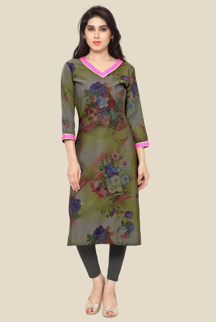 Ahalyaa Olive Floral Print Kurta Ahalyaa Olive Floral Print Kurta