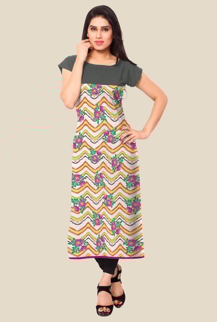 Ahalyaa Grey & Beige Floral Print Kurta Ahalyaa Grey & Beige Floral Print Kurta