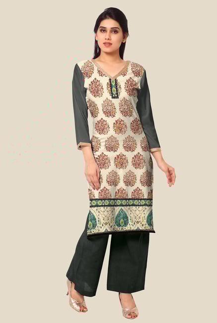 Ahalyaa Beige & Grey Floral Print Kurta Ahalyaa Beige & Grey Floral Print Kurta