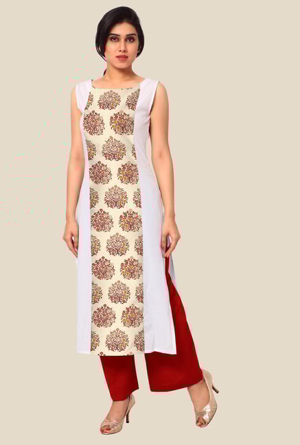 Ahalyaa Beige & White Floral Print Kurta Ahalyaa Beige & White Floral Print Kurta