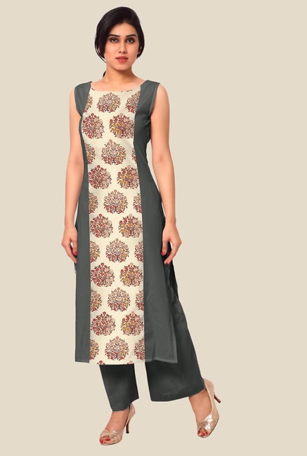 Ahalyaa Grey & Beige Floral Print Kurta Ahalyaa Grey & Beige Floral Print Kurta