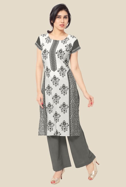 Ahalyaa White & Grey Floral Print Kurta Ahalyaa White & Grey Floral Print Kurta